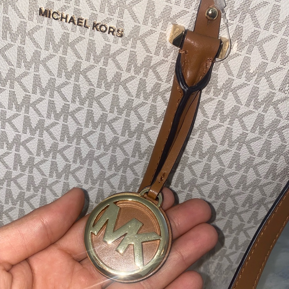 MichaelKors Ivory/Tan Signature Coated Canvas and Leather Houston Medium Satchel